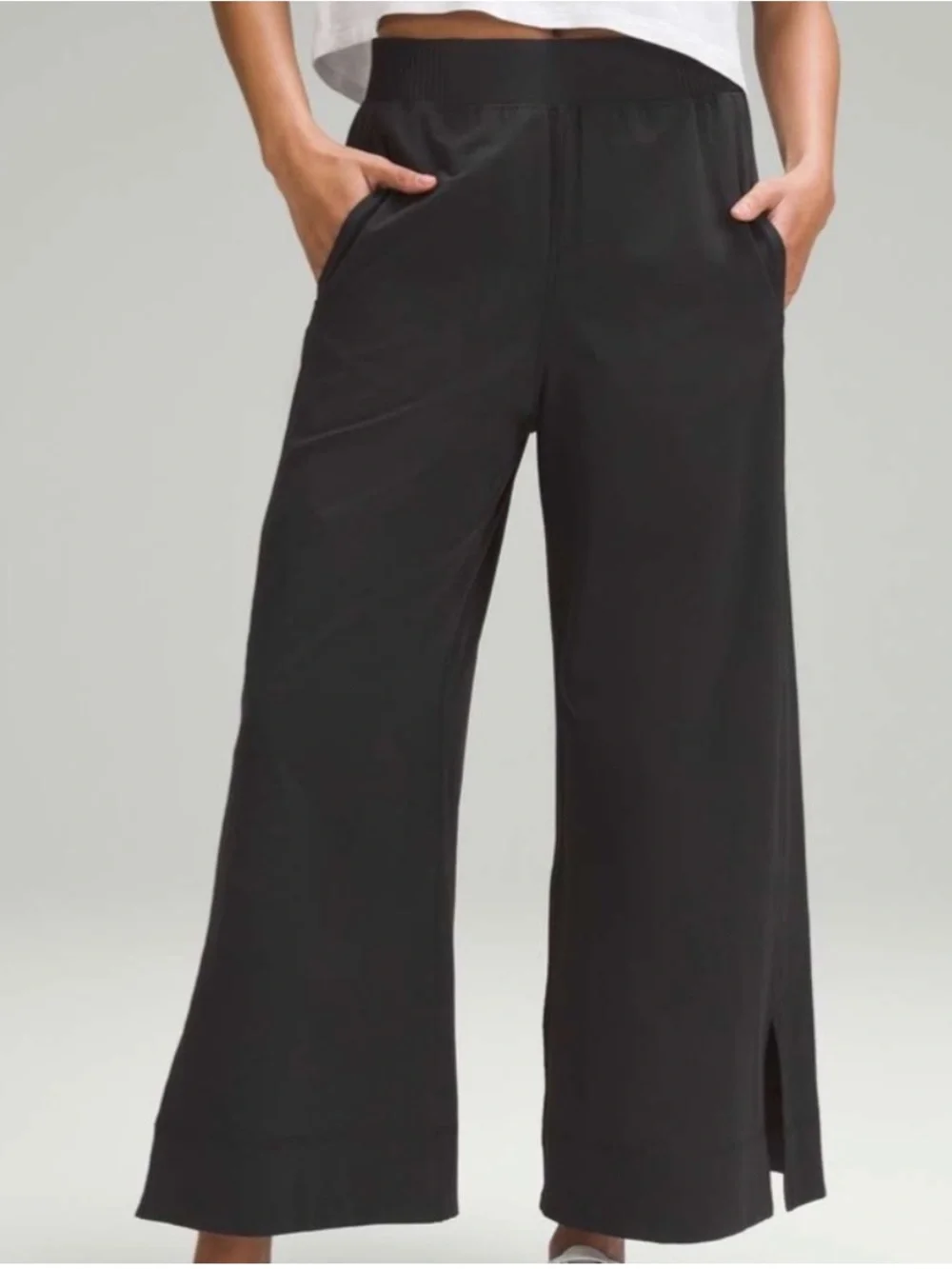 Lululemon Black Stretch Woven Wide Leg High Rise Cropped Pants Size Large - Picture 5 of 13